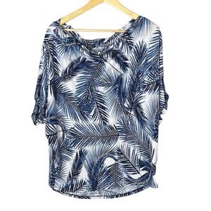 White Birch Blue White Palm Leaf Pattern Dolman Sleeve Blouse